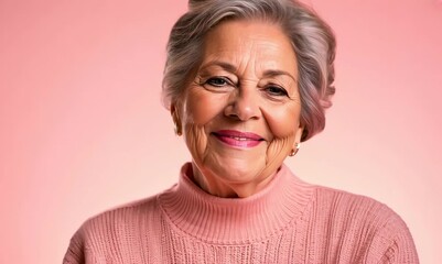 Wall Mural - Close up portrait of a beautiful mature woman in a pink sweater on a pink background