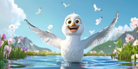 seagull 3D animation cartoon style, colorful, happy, friendly, 3d cartoon, nature, outdoors 