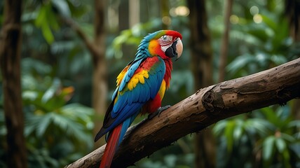 Wall Mural - Vibrant macaw perched rainforest tree