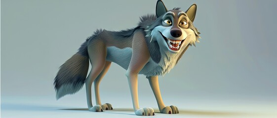 wolf 3D animation cartoon style, colorful, happy, friendly, 3d cartoon, 