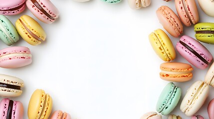 Wall Mural - A realistic top view of a Parisian macarons assortment with vibrant colors and delicate textures, set against a white background, frensh dessert.