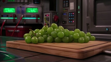 Poster -   A green grape pile sits atop a cutting board on a counter near a microwave