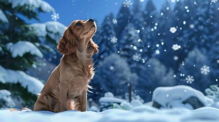 Sticker -   A dog sitting in snow, gazing at the sky with snowflakes beneath and trees behind