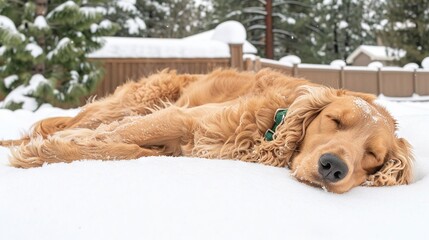 Sticker -   A brown dog rests in the snow, its head atop a pile, eyes closed