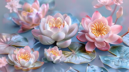 Wall Mural -   A cluster of water lilies drifting atop a body of water, their foliage submerged below