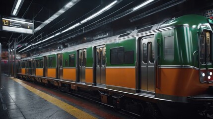 Green and Orange Train Parked at Train Station