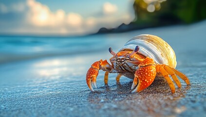 Closeup of a hermit crab on a tropical beach