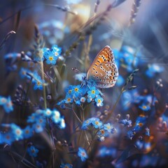 Canvas Print - Butterfly perched on blue forget-me-not flowers.