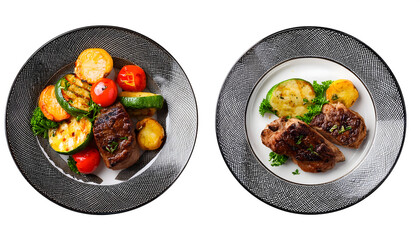  set isolated, two small plates with roasted meat with vegetables 