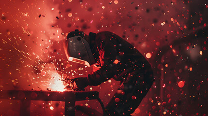 Wall Mural - Electric welder in action at a factory and sparks flying as he works on a metal sheet. Red background. 