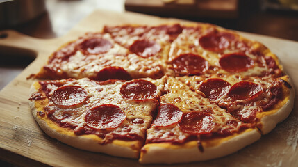 pizza with pepperoni slices on top, cut into six pieces and placed on the table, is captured in close-up photography