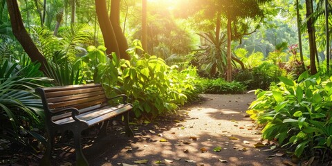 Poster - Bench in a sun dappled park surrounded by lush greenery