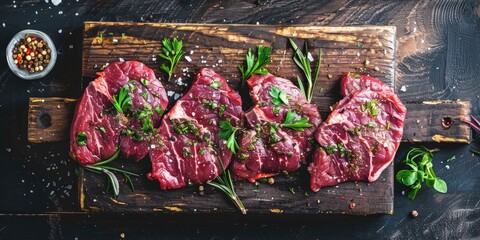 Wall Mural - Top view of raw dry aged buffalo rump steaks with herbs on a rustic wooden board