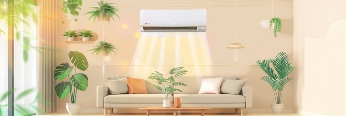 Fototapete - A contemporary living room features a mounted air conditioner, stylish furniture, and vibrant plants, creating a fresh and inviting atmosphere. Generative AI