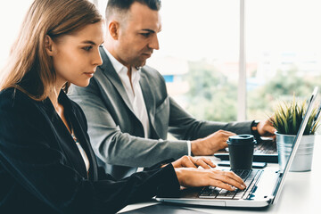 Wall Mural - Businessman executive is in meeting discussion with a businesswoman worker in modern workplace office. People corporate business team concept. uds