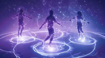 Wall Mural - Futuristic space station with holographic user profiles floating in zero gravity. Interconnected by glowing energy streams