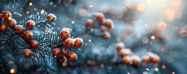 Wall Mural - A tree branch covered in snow and berries. The snow is falling and the berries are glistening in the light