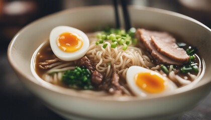 Freshly made ramen in a white bowl, with sliced pork, green peas, a soft-boiled egg, and green onions. The dish is presented on a wooden table, highlighting its appetizing appeal.