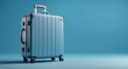 Blue travel suitcase on color background, travel concept.