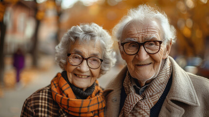 Wall Mural - An elderly couple in their home. Happy retirees looking at the camera. Mature, man and woman smiling and caring for each other