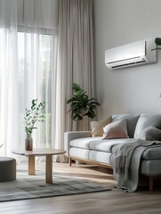 Poster - A modern living room with a sleek air conditioner, cozy sofa, stylish plants, and soft sunlight creating a warm ambiance. Generative AI