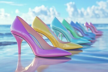 line high heels, the ocean in background, pastel colors, close up, glamour magazine concept, sale banner