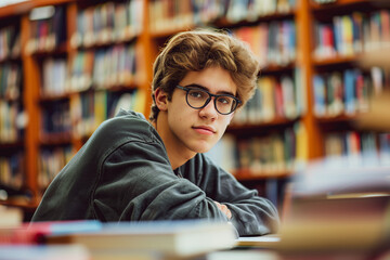 Wall Mural - Male student in glasses learning at high school library. Two important holidays for booklovers: National Read a Book Day and International Literacy Day