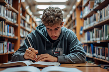 Wall Mural - Male student learning at high school library. Two important holidays for booklovers: National Read a Book Day and International Literacy Day