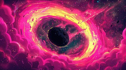 Poster -   A painting of a black hole surrounded by pink, yellow, and purple clouds