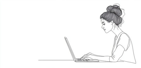 Modern illustration of woman using laptop computer in continuous single line