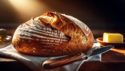 Wall Mural - A round artisan loaf of bread with a beautifully scored crust, sitting on a wooden surface. A knife and butter dish are placed nearby, suggesting a ready-to-eat meal.