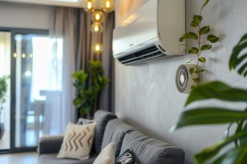 Fototapete - A modern living room showcases stylish decor, an air conditioner on the wall, and greenery, creating a comfortable and inviting atmosphere. Generative AI