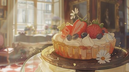 Canvas Print -   A strawberry and blueberry cake sits atop a glass table in front of a window