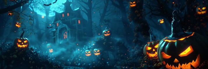 halloween night with haunted house and pumpkins in dark forest - 3d illustration