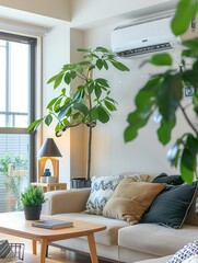 Leinwandbilder - A contemporary living room showcases an air conditioner, comfortable seating, potted plants, and warm light creating an inviting atmosphere. Generative AI