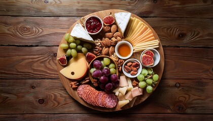 A round charcuterie board with assorted cheeses, salami, grapes, nuts, honey, and figs on a wooden background, offering a rustic and appetizing display for gatherings.