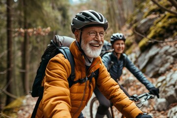 happy seniors on a nature bike ride adventure