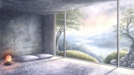 Canvas Print -   A bedroom with a window offering a stunning view of a mountain and cozy pillows on the bed