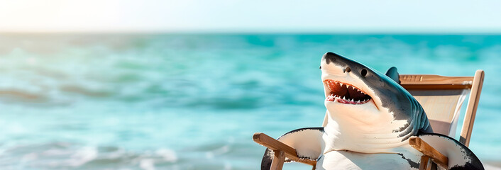 A fearsome shark lounging comfortably in a deckchair on a tropical beach wearing stylish sunglasses and soaking up the sun and surf  This whimsical scene evokes a sense of relaxation and respite