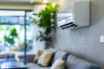 Poster - A contemporary living room showcasing comfortable seating, vibrant plants, and an air conditioner mounted on the wall, illuminated by natural light. Generative AI