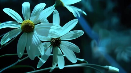 Poster -  White flowers on green planter against black backdrop with blurred sky