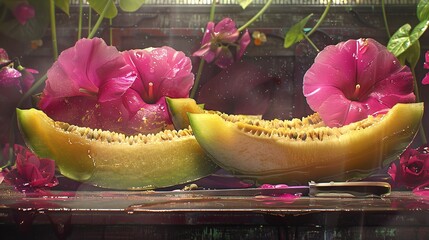 Poster -   Watermelon cut in half sits on table with pink flowers in front of brick wall