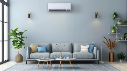 Aufkleber - A contemporary living room features a comfortable sofa, decorative plants, and an air conditioner, all illuminated by natural light streaming through large windows. Generative AI