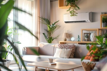 Leinwandbilder - A contemporary living room features a wall-mounted air conditioner and elegant decor elements, accentuated by vibrant green plants in natural light. Generative AI