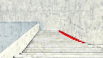 Canvas Print -   Red stairs lead up a concrete wall in a drawing