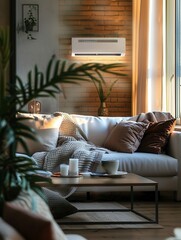 Leinwandbilder - A modern living room features a cozy sofa, warm lighting, and an air conditioner, creating a comfortable and inviting space for relaxation. Generative AI