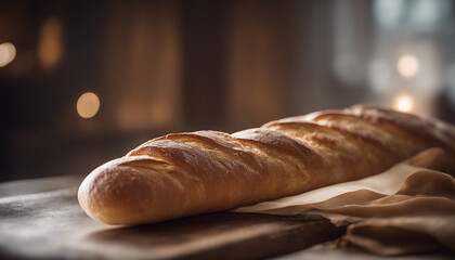 Wall Mural - Artisan baguettes with a perfectly baked golden crust resting on a wooden cutting board, embodying the rustic charm of homemade bread.