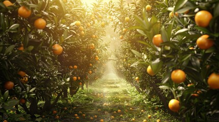 Wall Mural - Orange Grove with Sunlight Filtering Through Trees