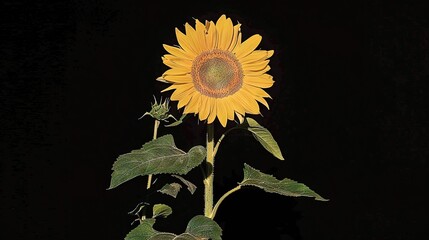 Poster -   A black background with a large sunflower and two green stems in the foreground