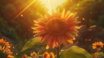 Poster -   A sunflower standing tall amidst a sea of sunflowers, bathed in golden sunlight filtering through its leaves, with the bright sun peeking behind